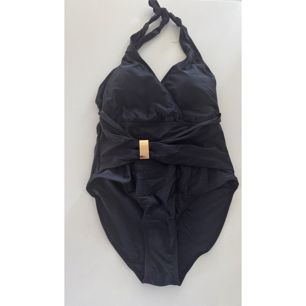 Edel Qual Black One Piece Swimsuit gold metal detail bathing suit size small